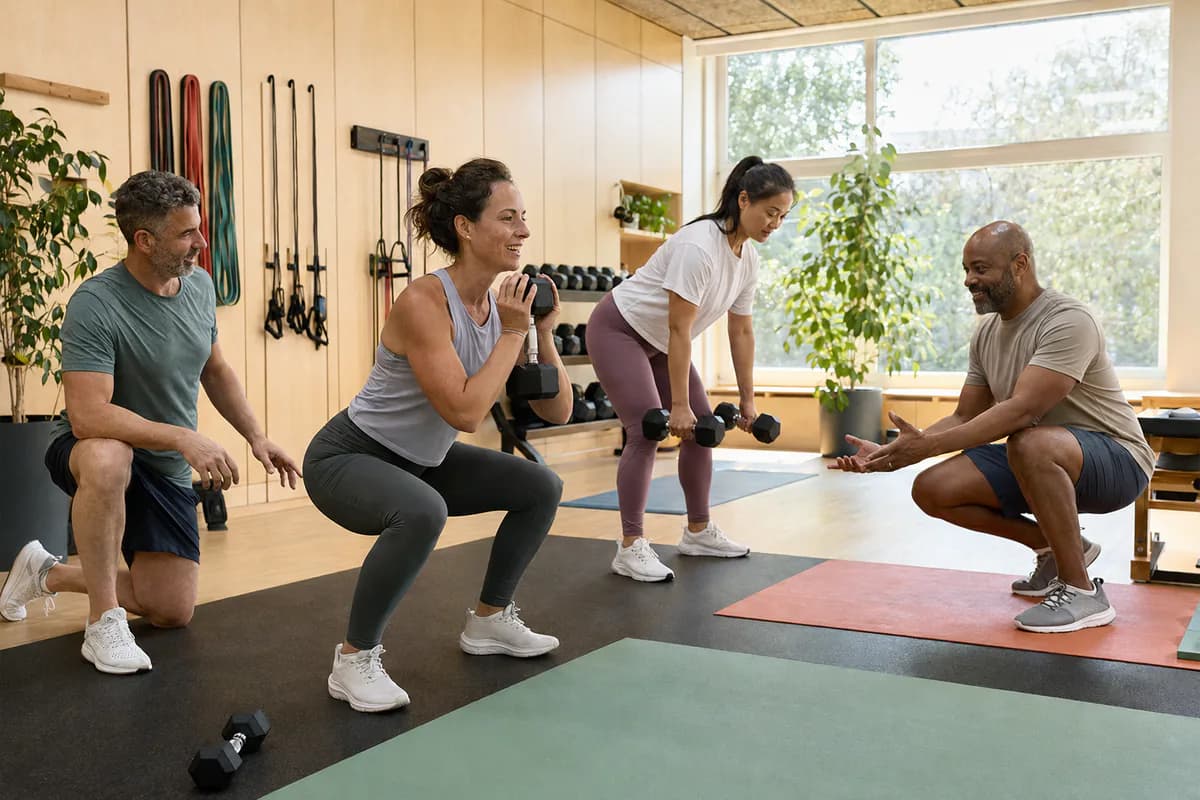 Cuatro personas entrenando fuerza funcional en grupo