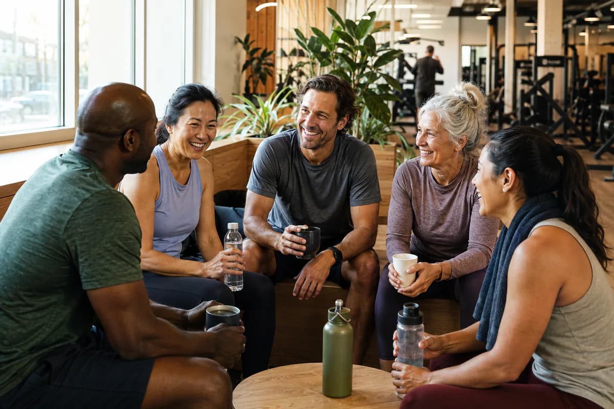 Grupo de socios charlando después de entrenar