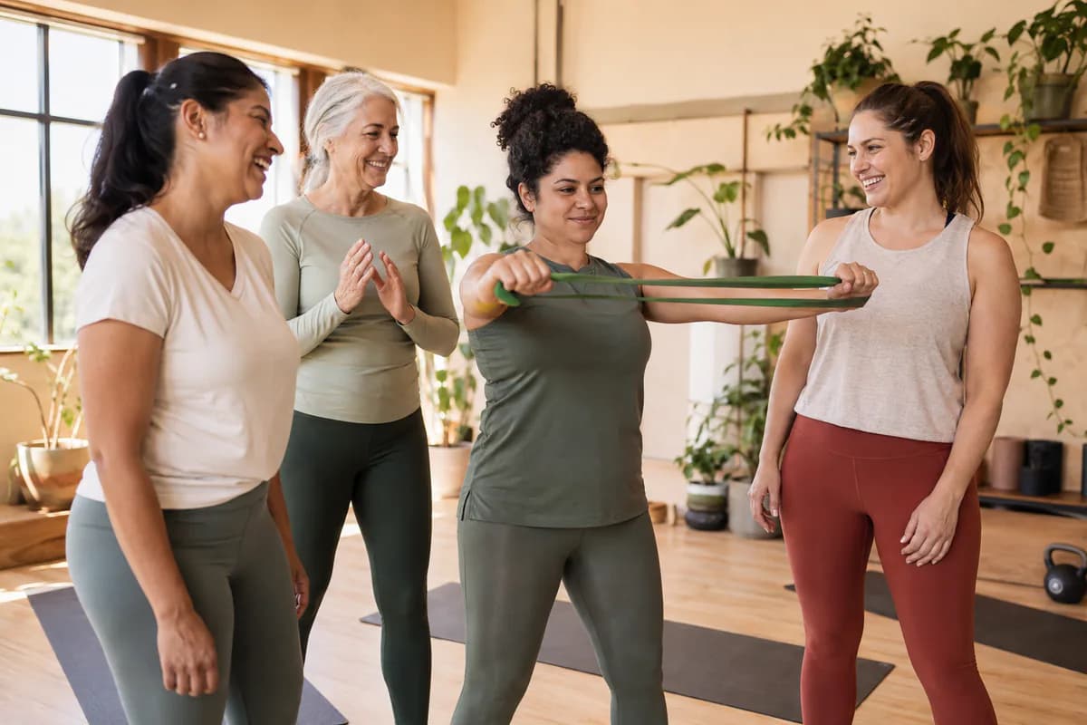 Cuatro mujeres entrenando juntas en un espacio luminoso y seguro
